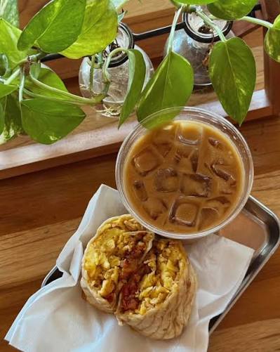 A breakfast burrito beside an iced latte on a tray, framed by trailing pothos