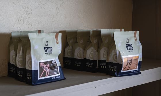 Bags of Otus Coffee lined up on a shelf in the shop